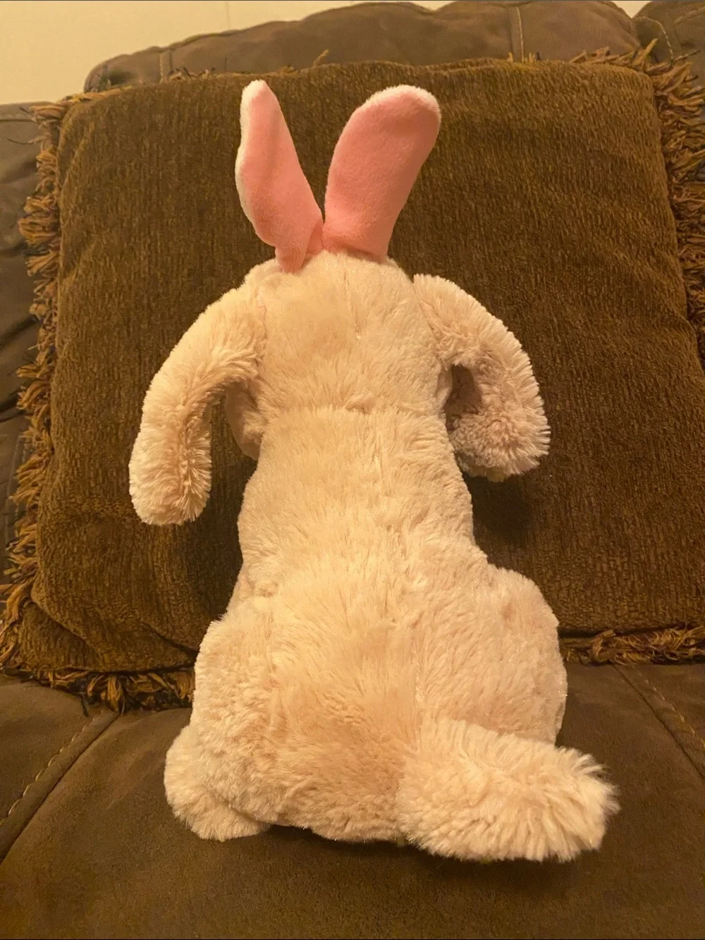 Plush Puppy with Pink Bunny Ears - Light Beige and Pink